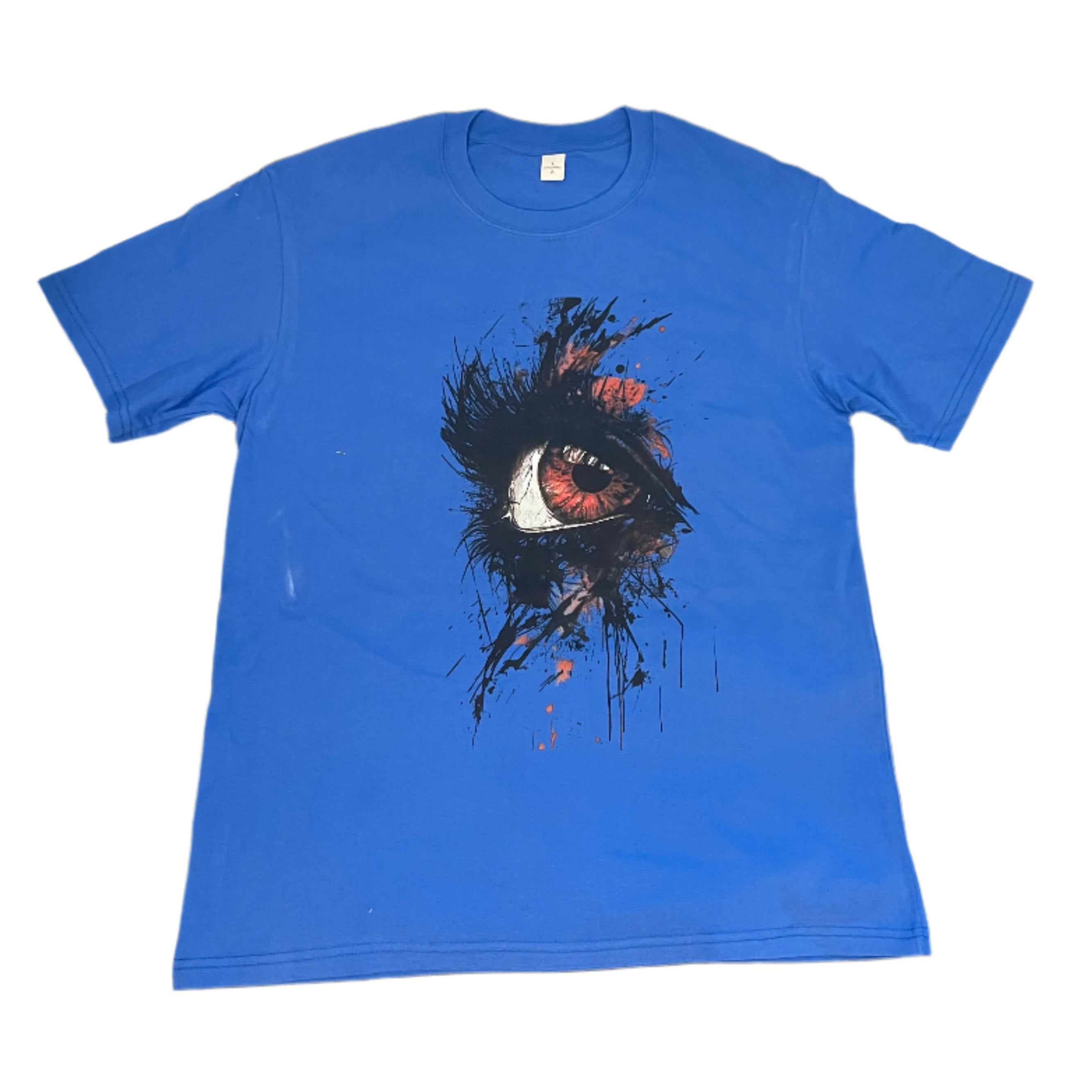 Blue t-shirt with a graphic design of an eye on a white background