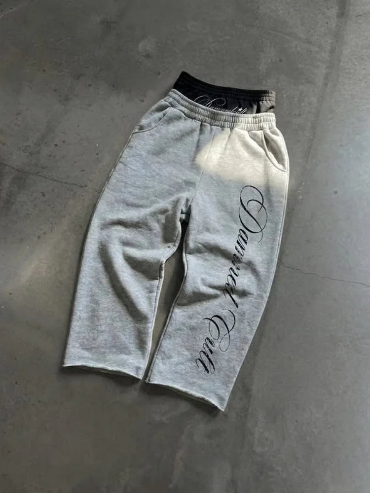 American Fashion Elastic Waist Basic Long Pants New Letter Print Casual Solid Color Comfortable Daily Wear For Trendy Outfits